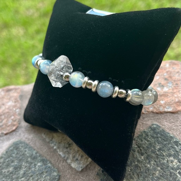 Herkimer diamond iridescent labradorite boho bead crystal quartz gems bracelet - Picture 9 of 16
